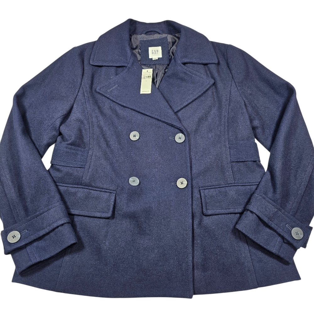 NWT GAP Women's Navy Blue Short Double Breasted Wool Blend Pea Coat, Size Large